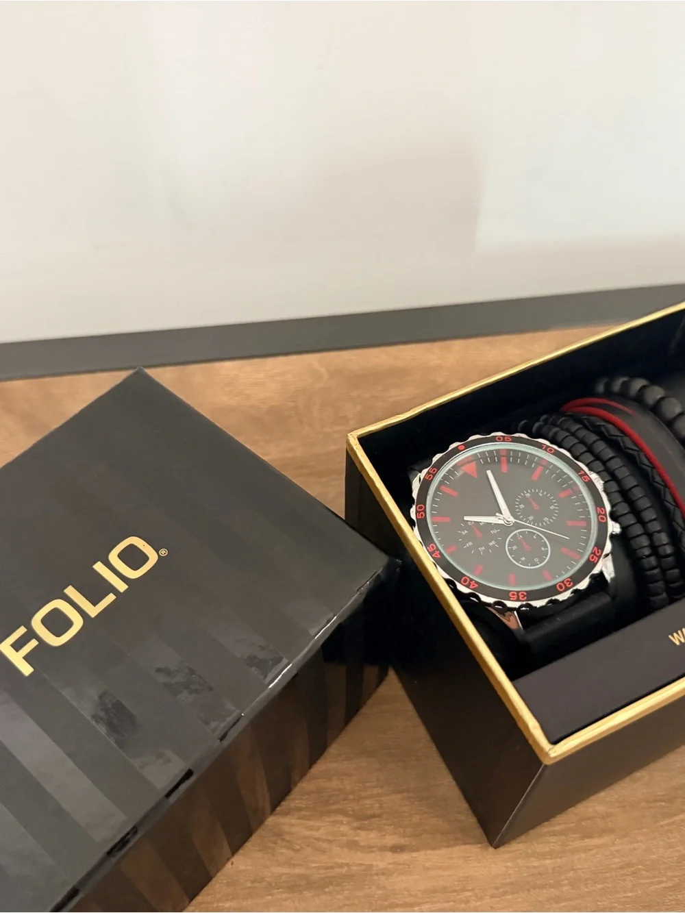 Men's Black and Red Chronograph Watch with Bracelet Set